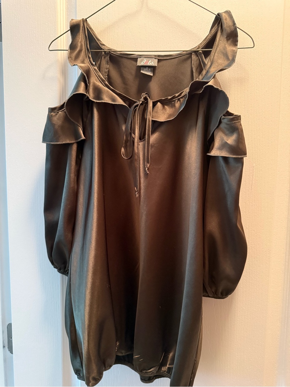 Dots . Brown Satin Cold Shoulder Ruffle Tie Neck Blouse Size S
